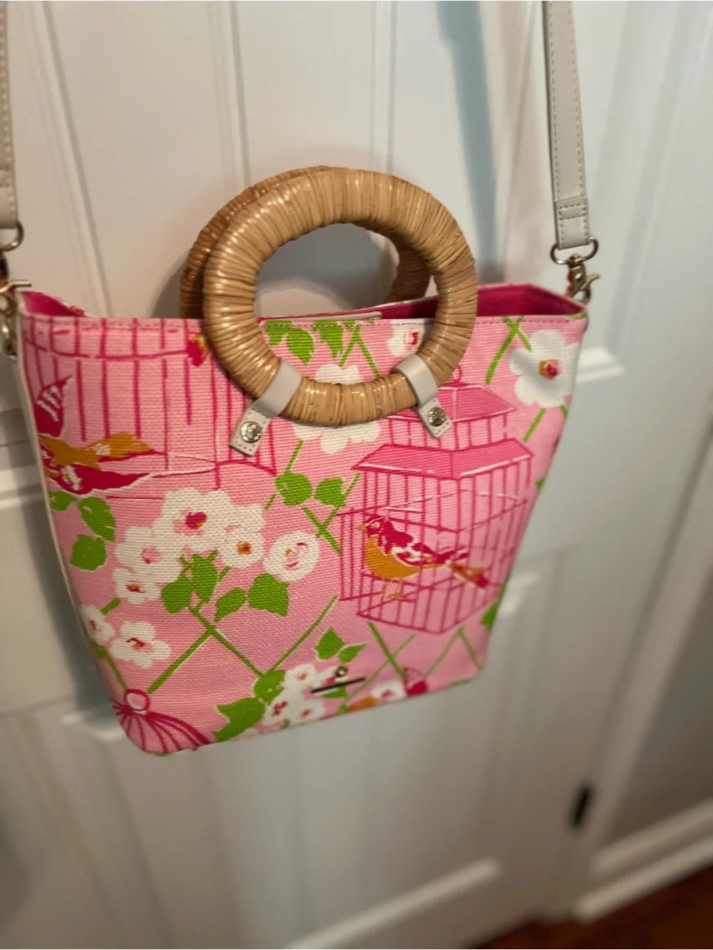 Pink Floral Canvas Tote with Rattan Ring Handles by Spartina 449 New